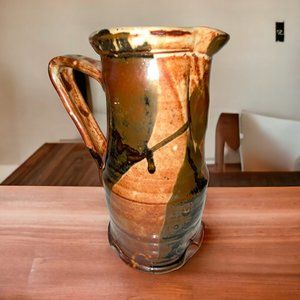 Primitive Studio Art Pottery Jug Pitcher Brutalist Art Brown Gold Decorative